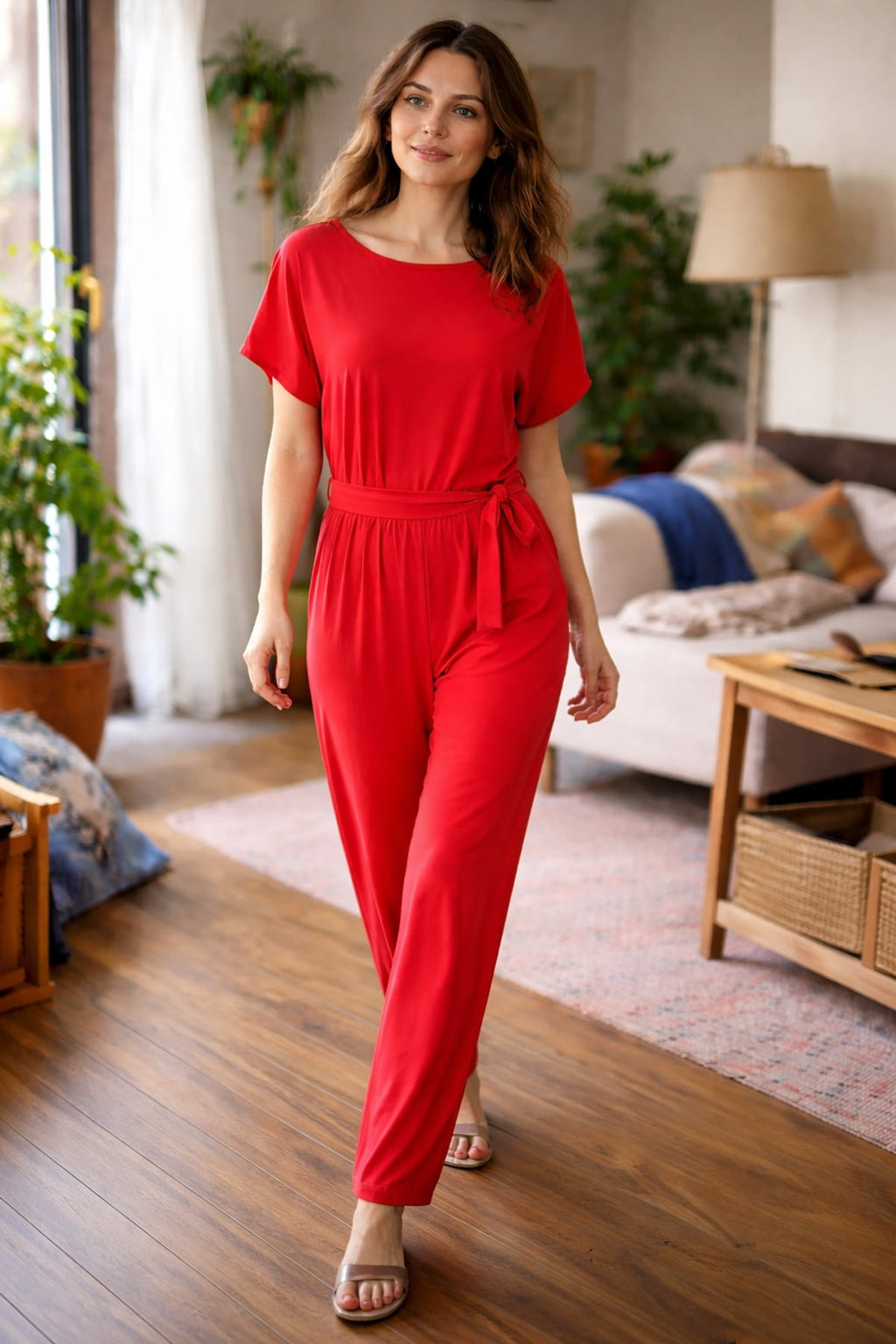 dames jumpsuit korte mouw met strikceintuur in rood