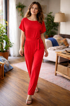 dames jumpsuit korte mouw met strikceintuur in rood