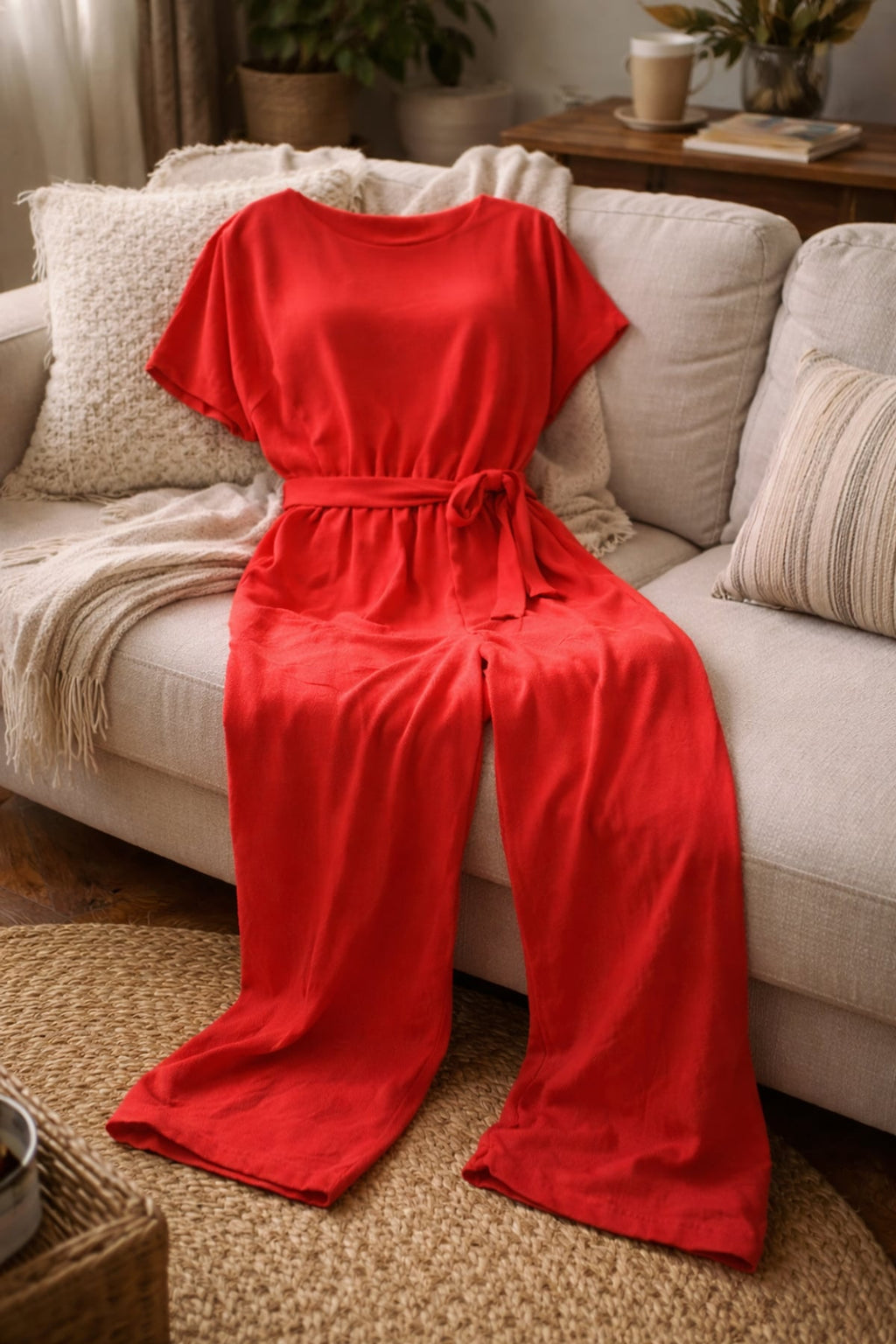 dames jumpsuit korte mouw met strikceintuur in rood