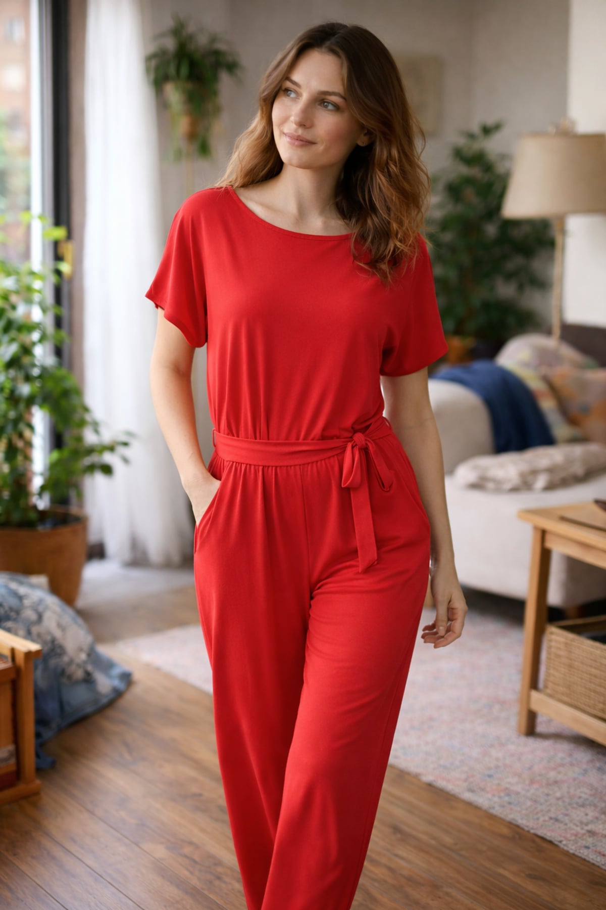 dames jumpsuit korte mouw met strikceintuur in rood