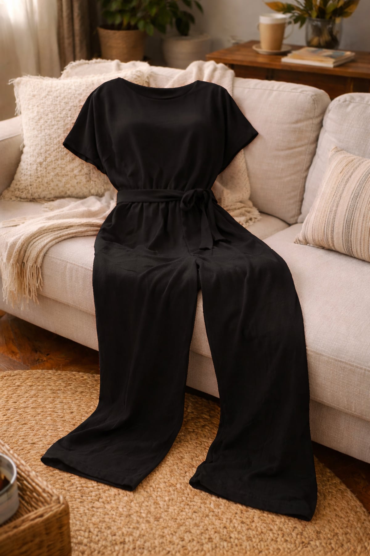 dames jumpsuit korte mouw met strikceintuur in zwart