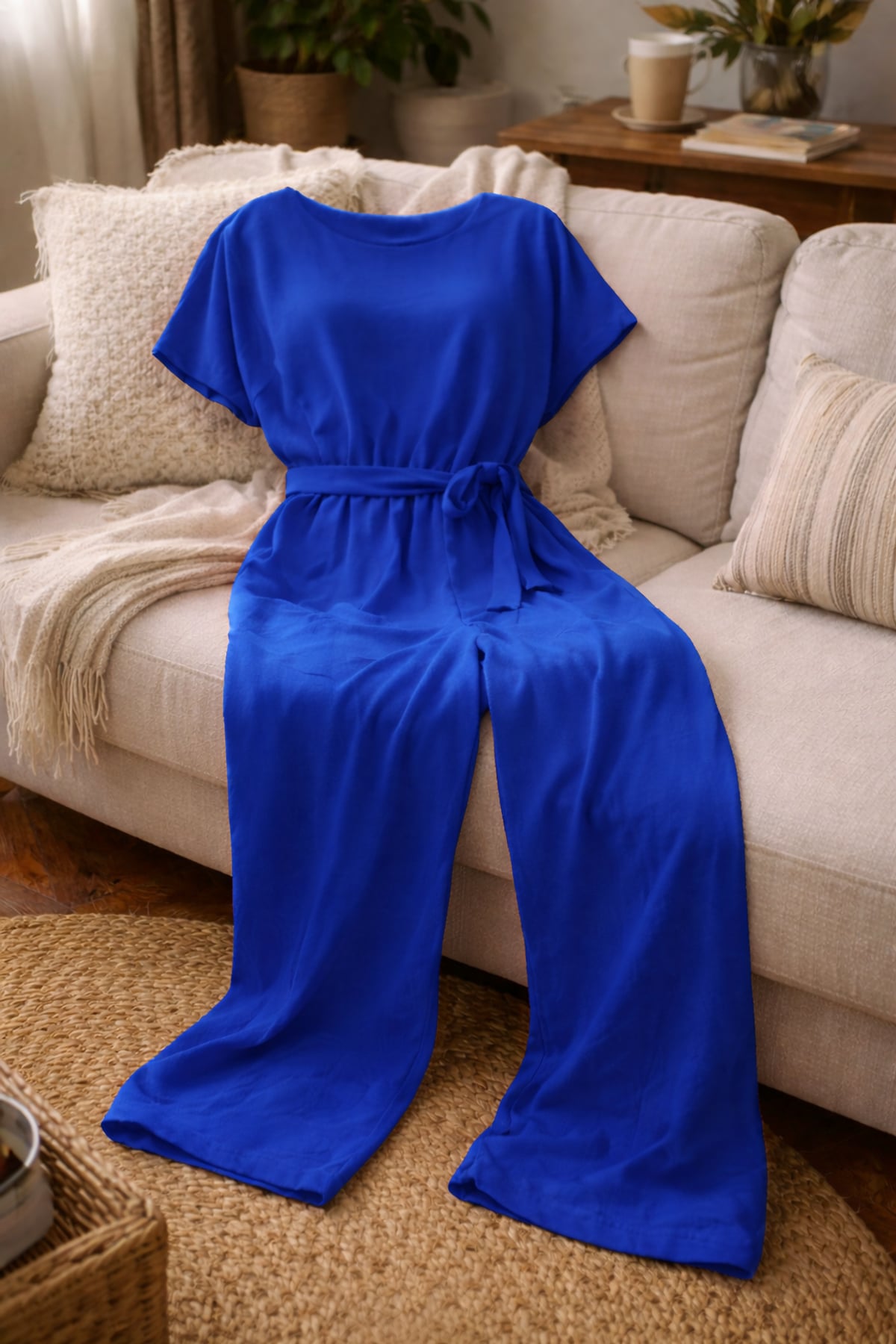 dames jumpsuit korte mouw met strikceintuur in blauw