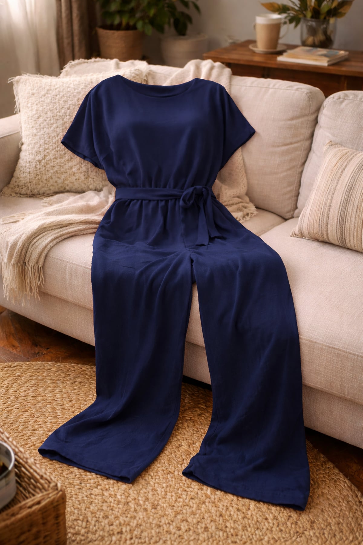 dames jumpsuit korte mouw met strikceintuur in donkerblauw