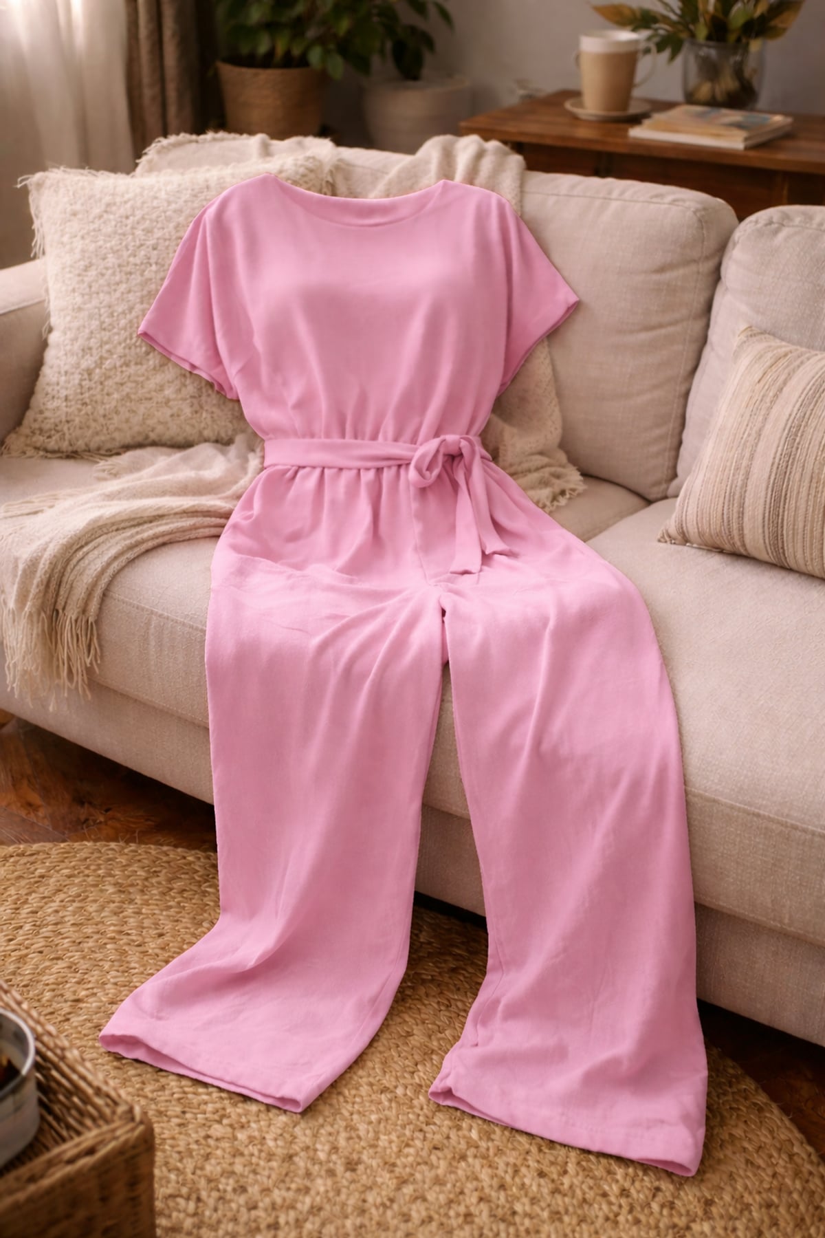 dames jumpsuit korte mouw met strikceintuur in roze