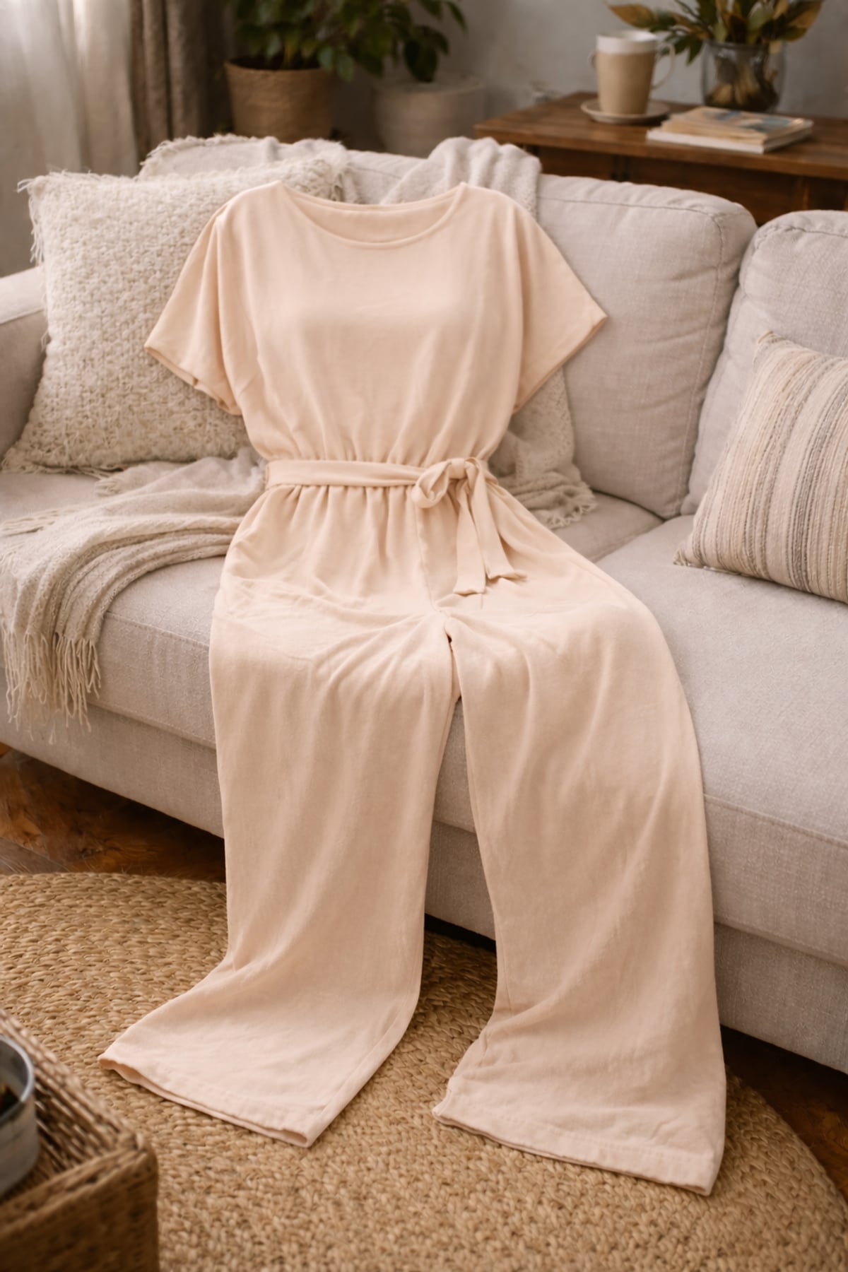 dames jumpsuit korte mouw met strikceintuur in beige