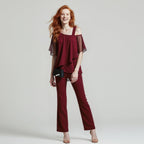 dames jumpsuit met cold shoulder en wijde pijp in bordeaux