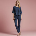 dames jumpsuit met cold shoulder en wijde pijp in donkerblauw