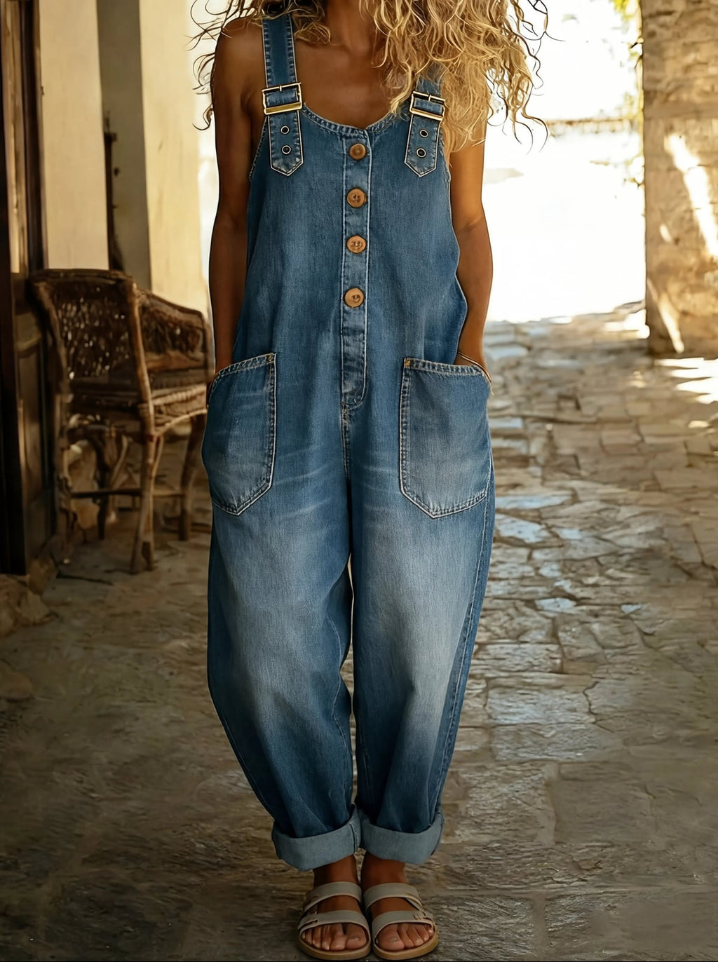 dames jumpsuit met verstelbare bandjes in denim