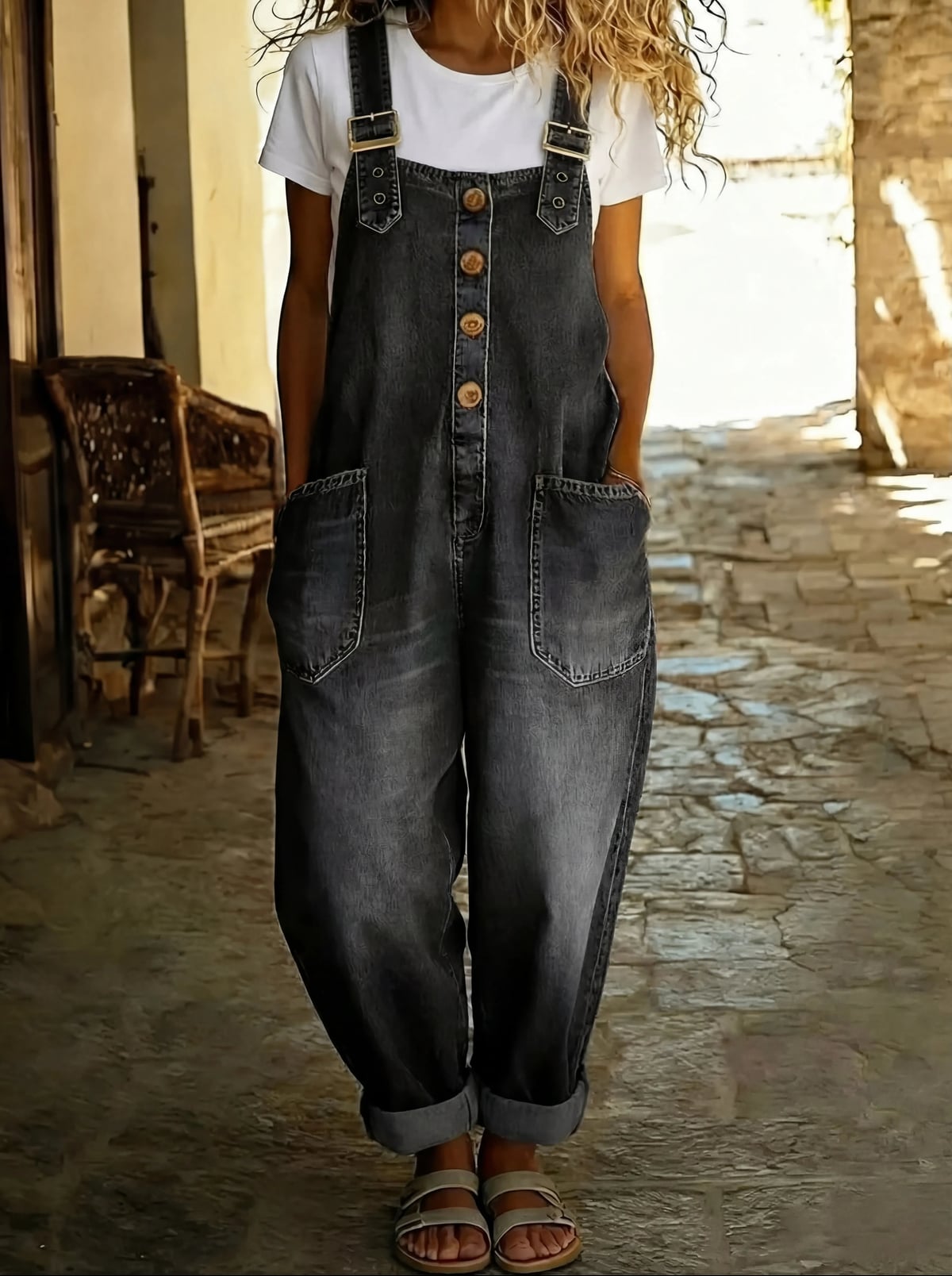 dames jumpsuit met verstelbare bandjes in zwart