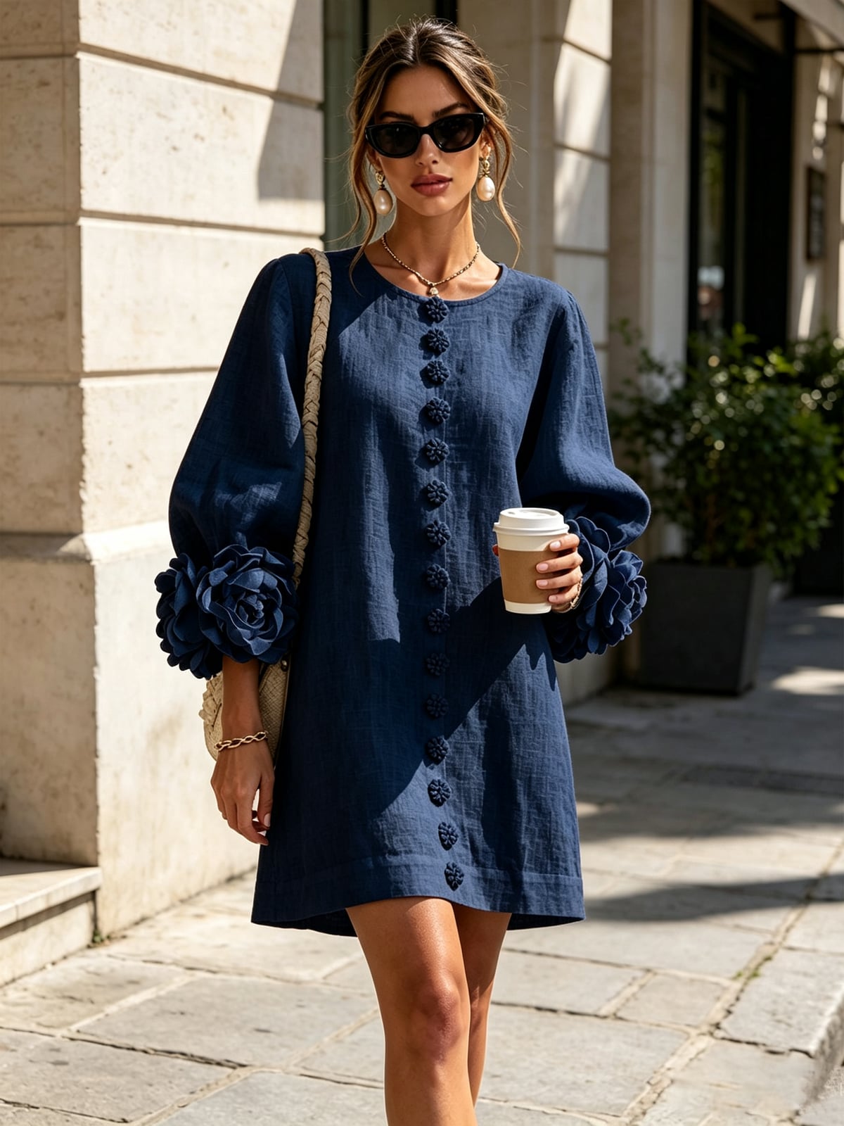 dames jurk lange mouwen met bloemdetails in marine