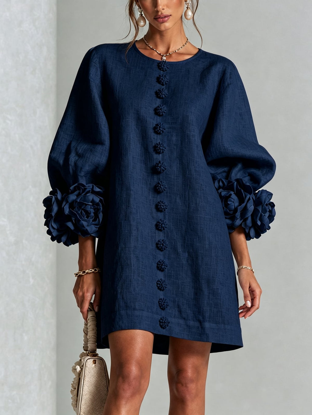 dames jurk lange mouwen met bloemdetails in marine