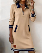 dames jurk lange mouwen met polokraag en rits in beige