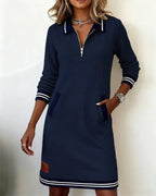 dames jurk lange mouwen met polokraag en rits in marineblauw