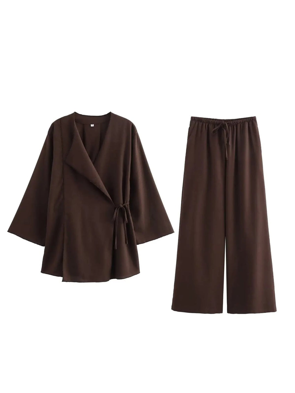 dames kimono wrap top en wide leg broek set in donkerbruin