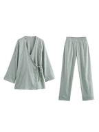 dames kimono wrap top en wide leg broek set in saliegroen