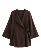 dames kimono wrap top en wide leg broek set in donkerbruin