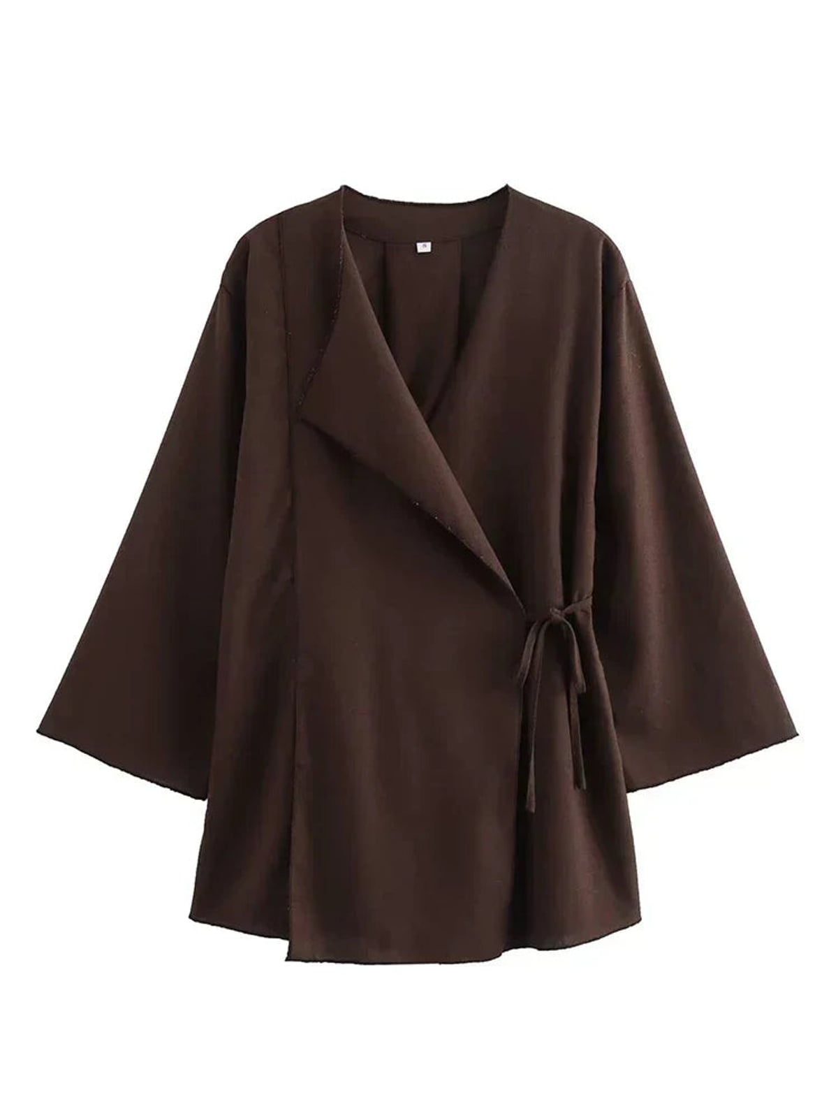 dames kimono wrap top en wide leg broek set in donkerbruin