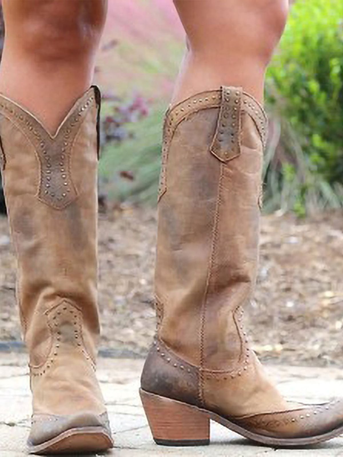 dames kniehoge cowboylaarzen met nieten in geel