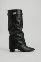 dames kniehoge laars met blokhak in zwart (leren look)