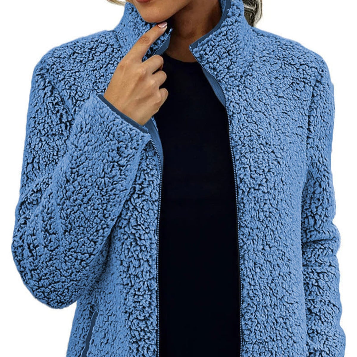 dames korte jas met staande kraag en rits in blauw