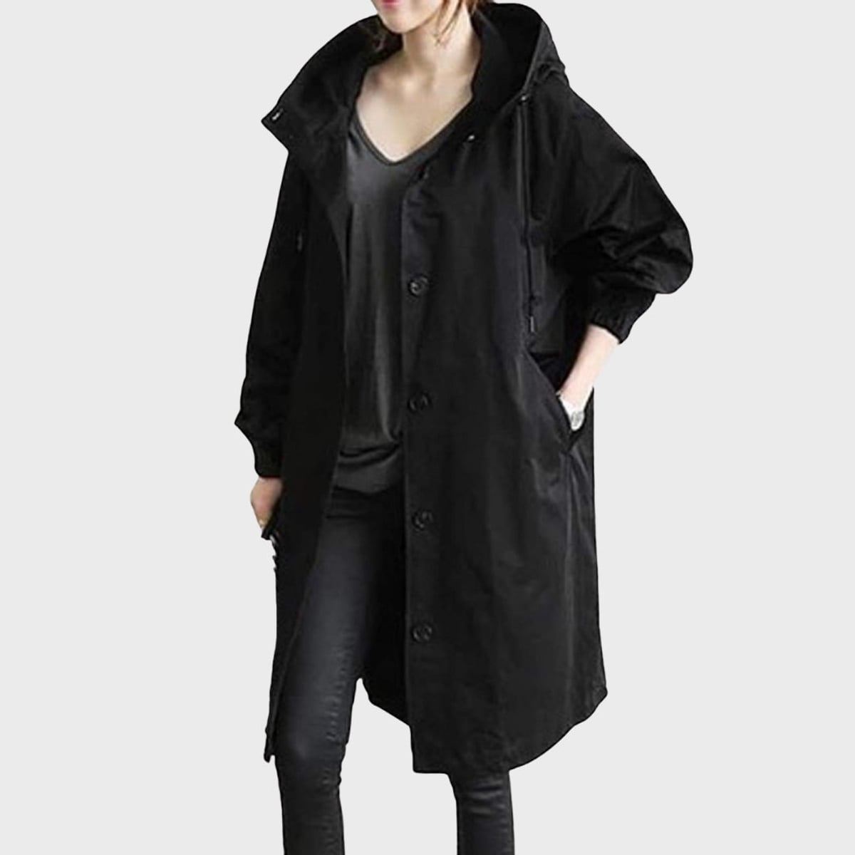 dames lange jas met capuchon en knoopsluiting in zwart