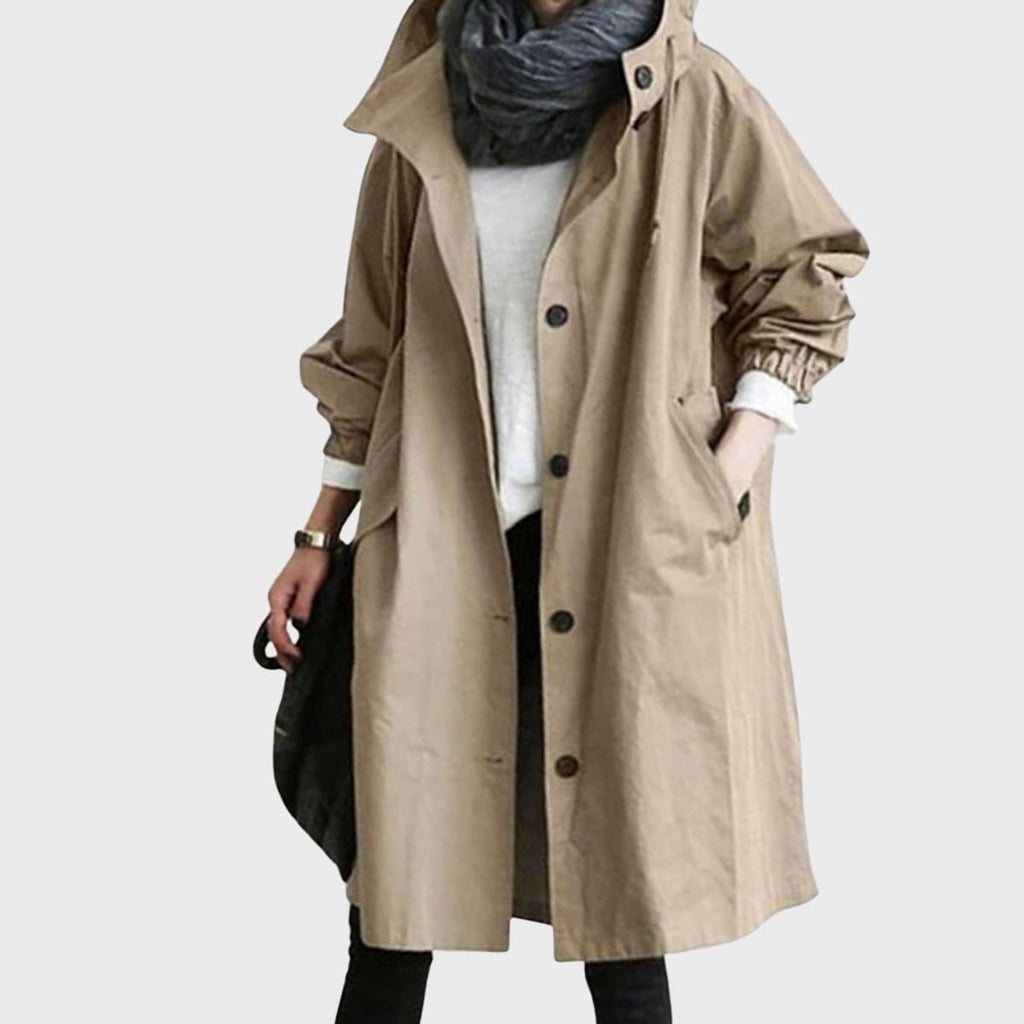 dames lange jas met capuchon en knoopsluiting in khaki