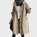 dames lange jas met capuchon en knoopsluiting in khaki