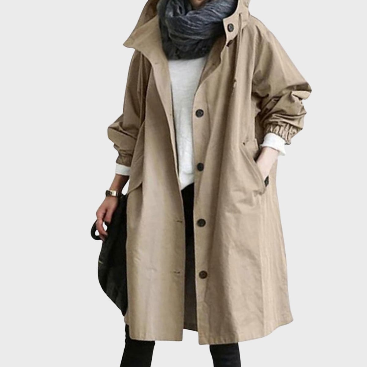 dames lange jas met capuchon en knoopsluiting in khaki
