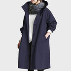 dames lange jas met capuchon en knoopsluiting in marineblauw