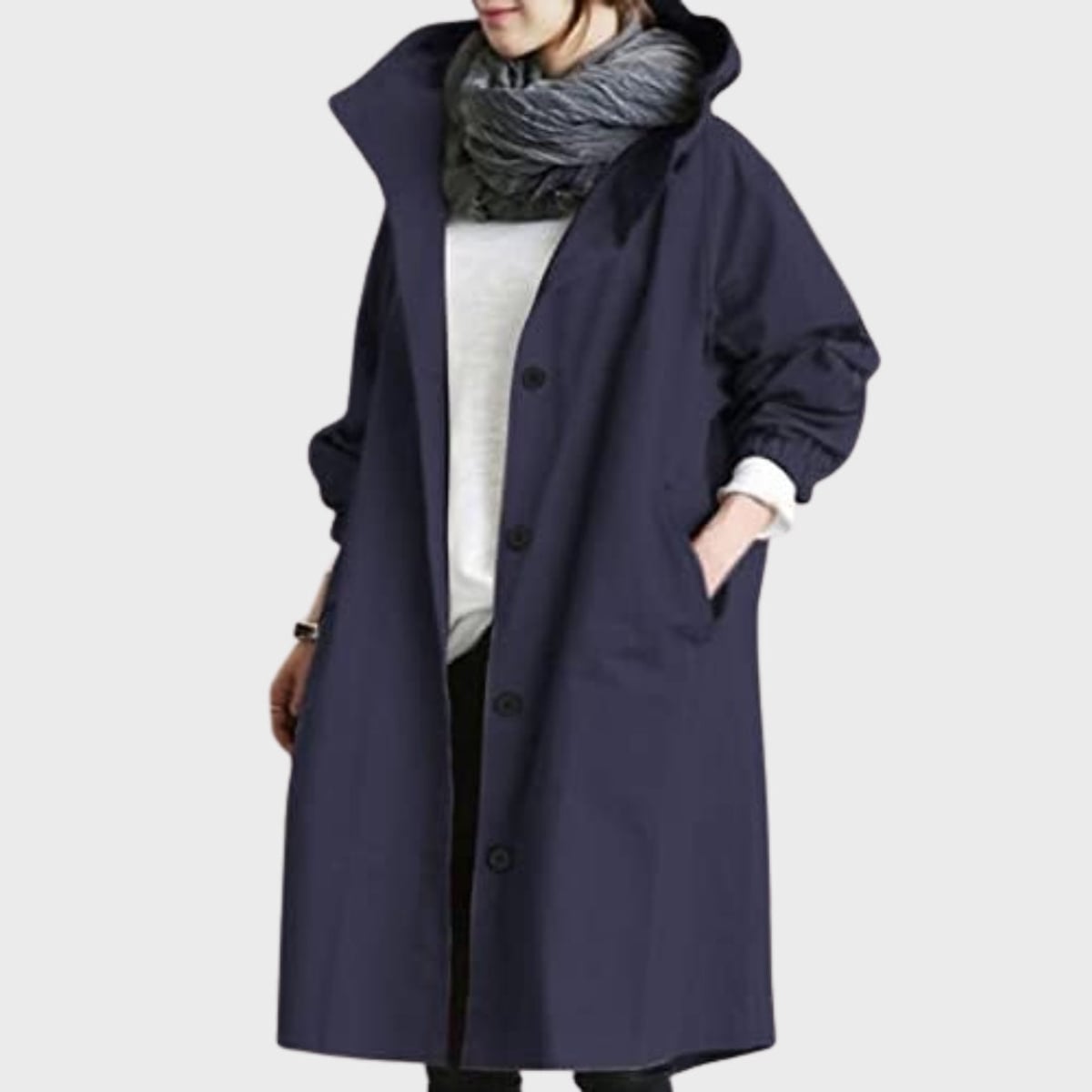 dames lange jas met capuchon en knoopsluiting in marineblauw