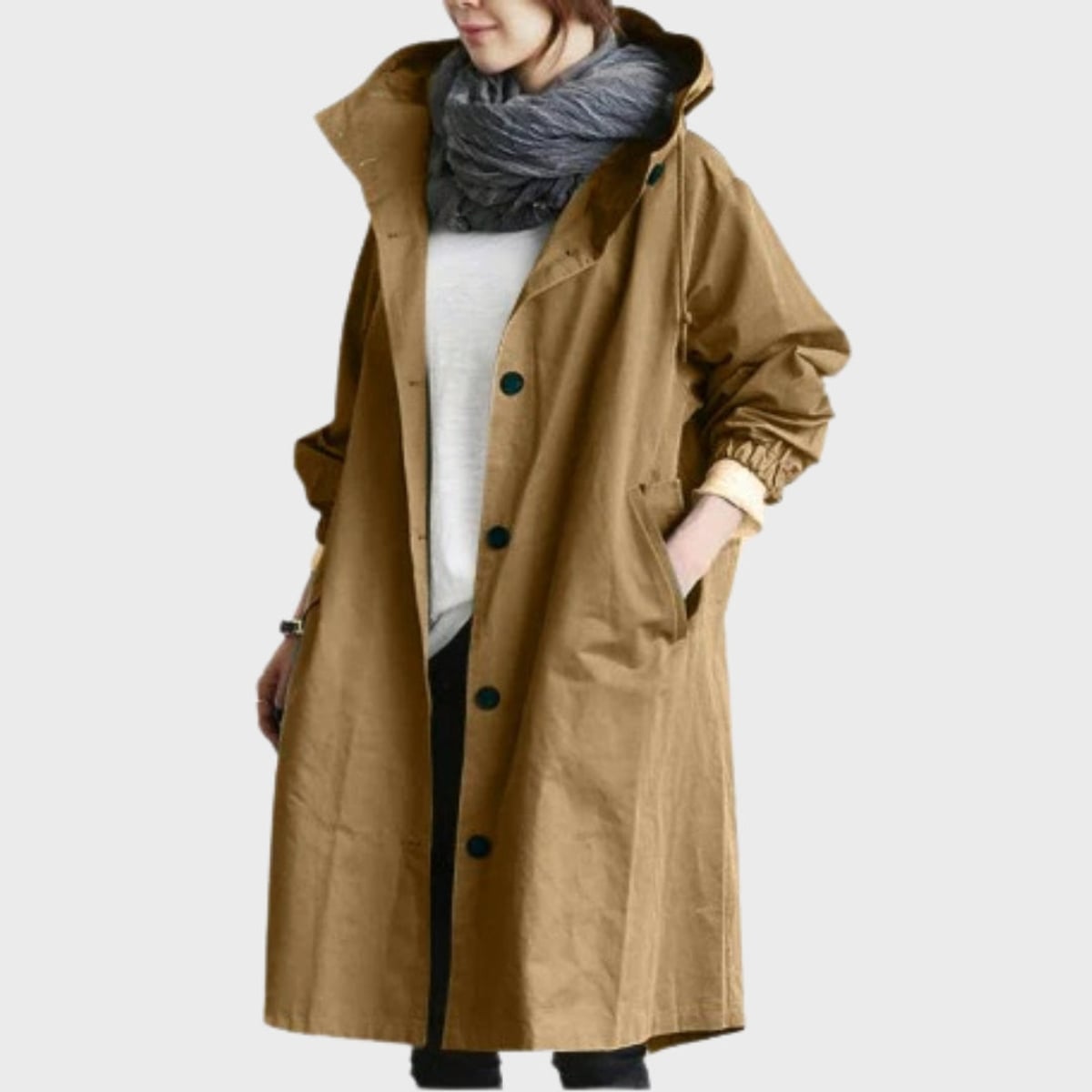 dames lange jas met capuchon en knoopsluiting in bruin