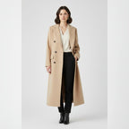dames lange jas met revers en knoopsluiting in beige