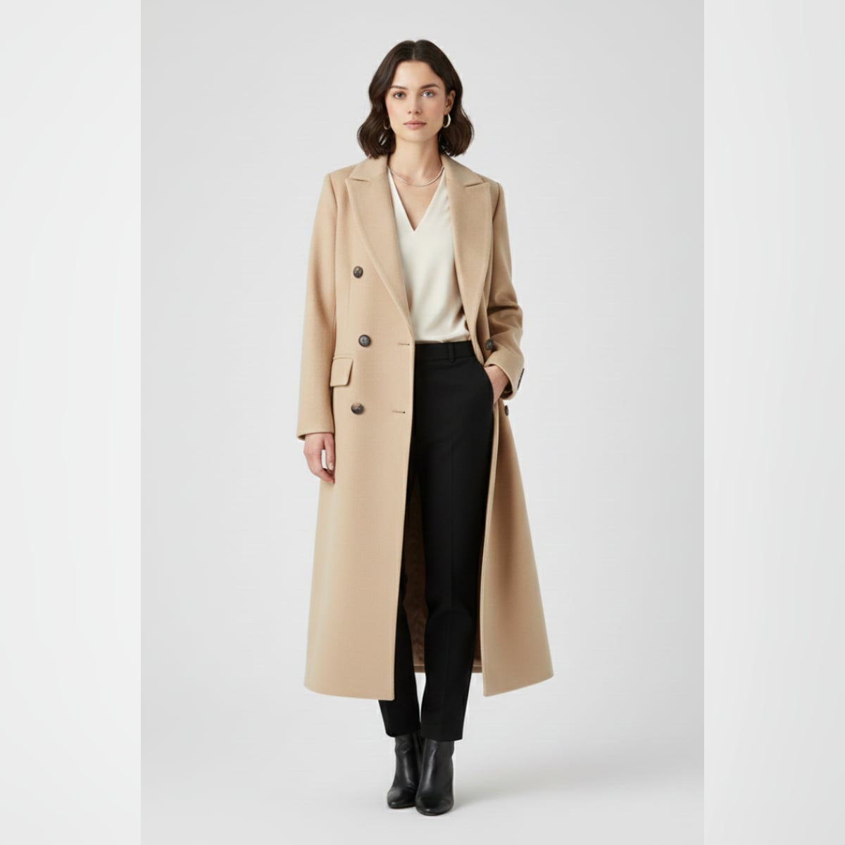 dames lange jas met revers en knoopsluiting in beige