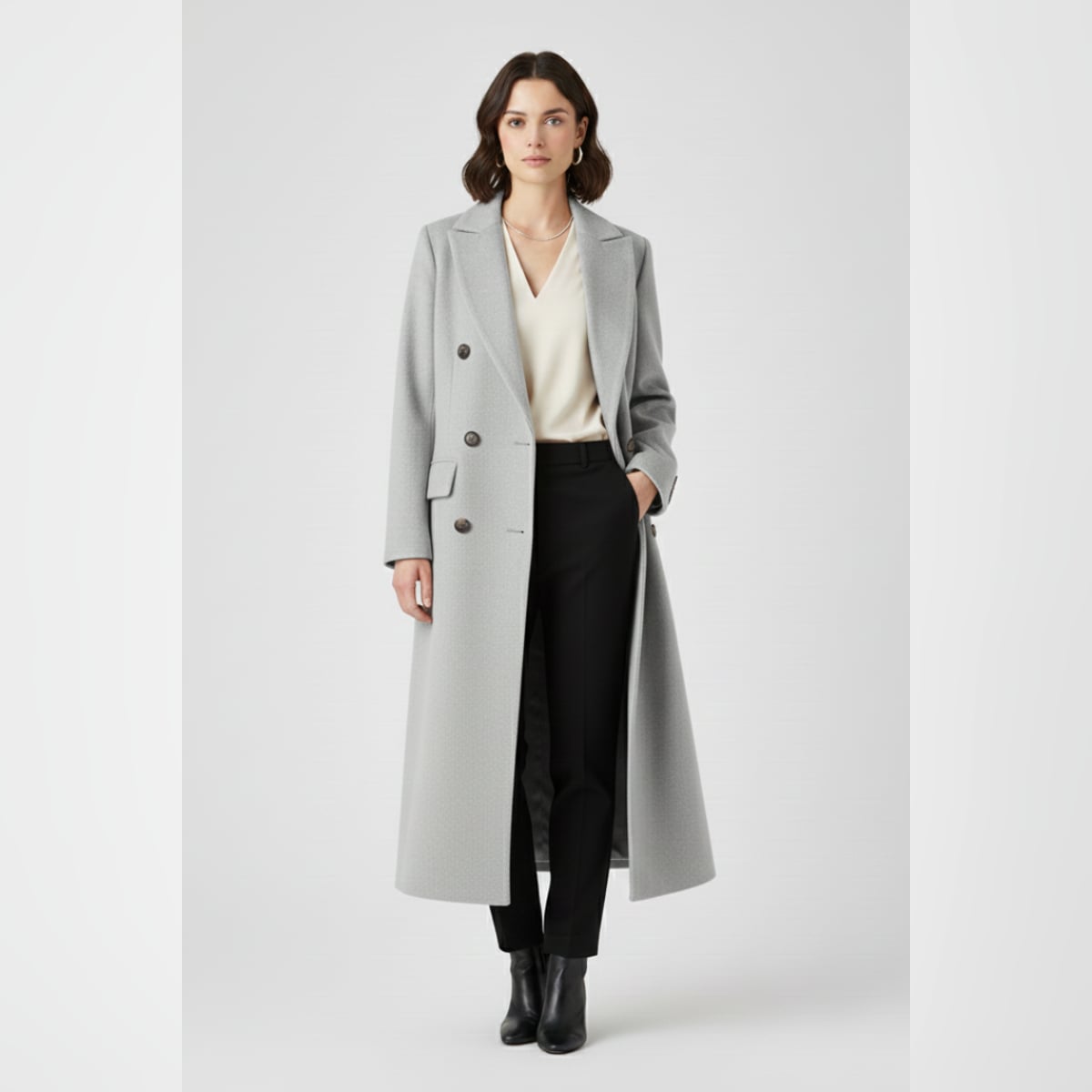dames lange jas met revers en knoopsluiting in grijs