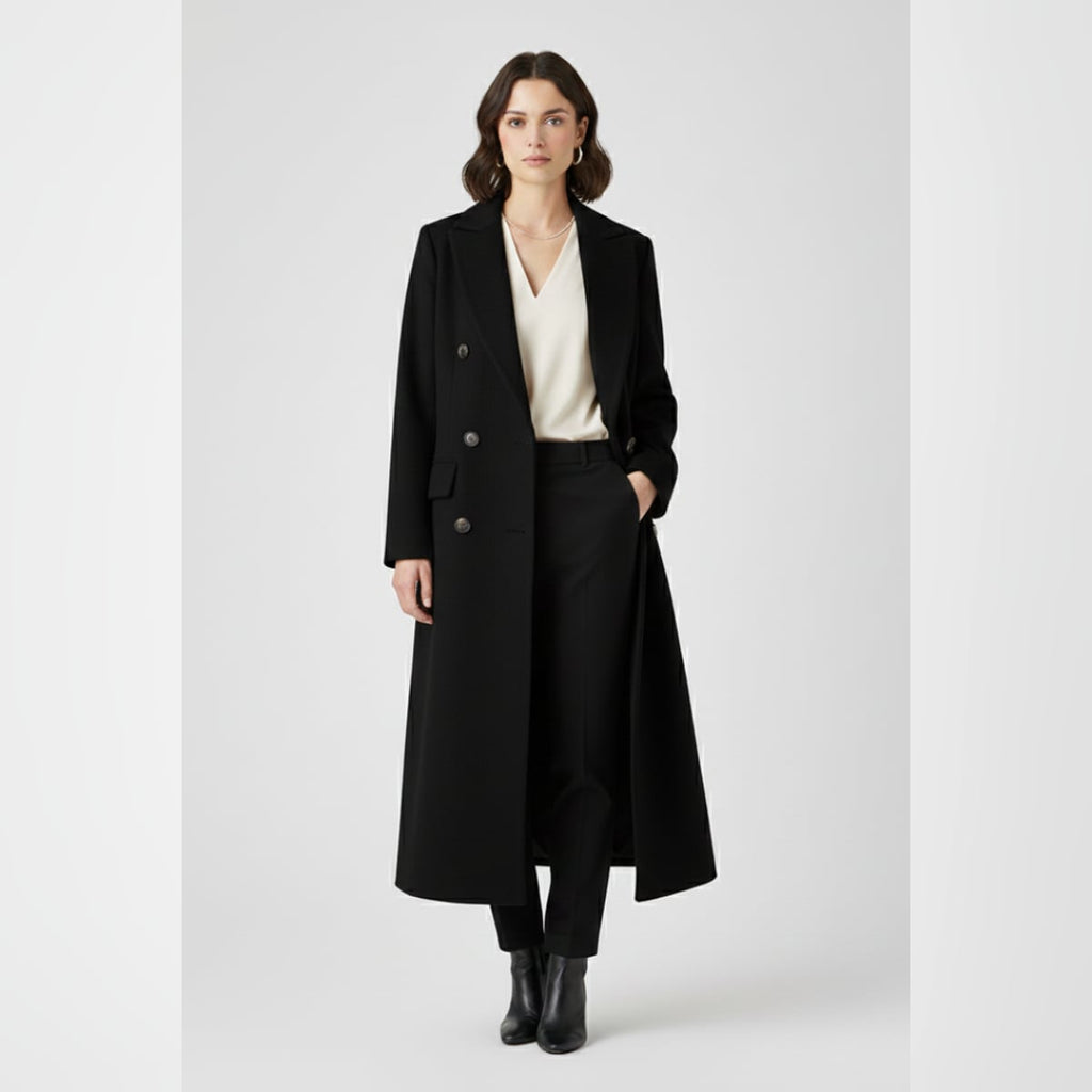 dames lange jas met revers en knoopsluiting in zwart