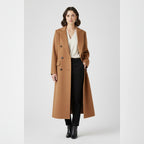 dames lange jas met revers en knoopsluiting in bruin
