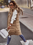dames lange pufferjas met capuchon in beige
