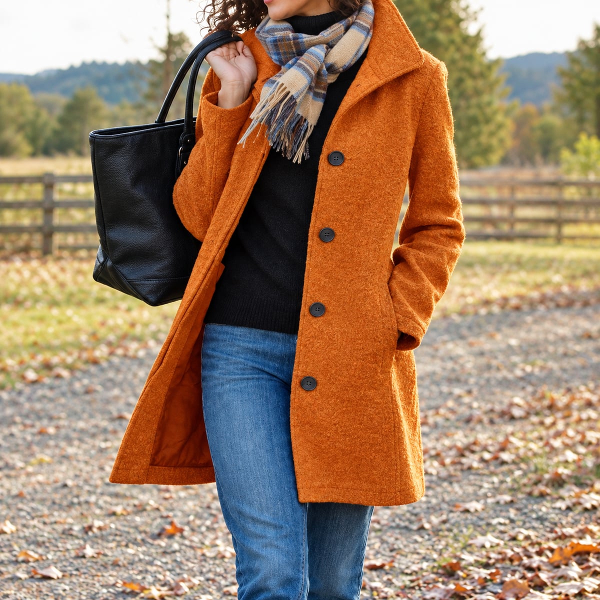 dames lange winterjas met knoopsluiting in oranje