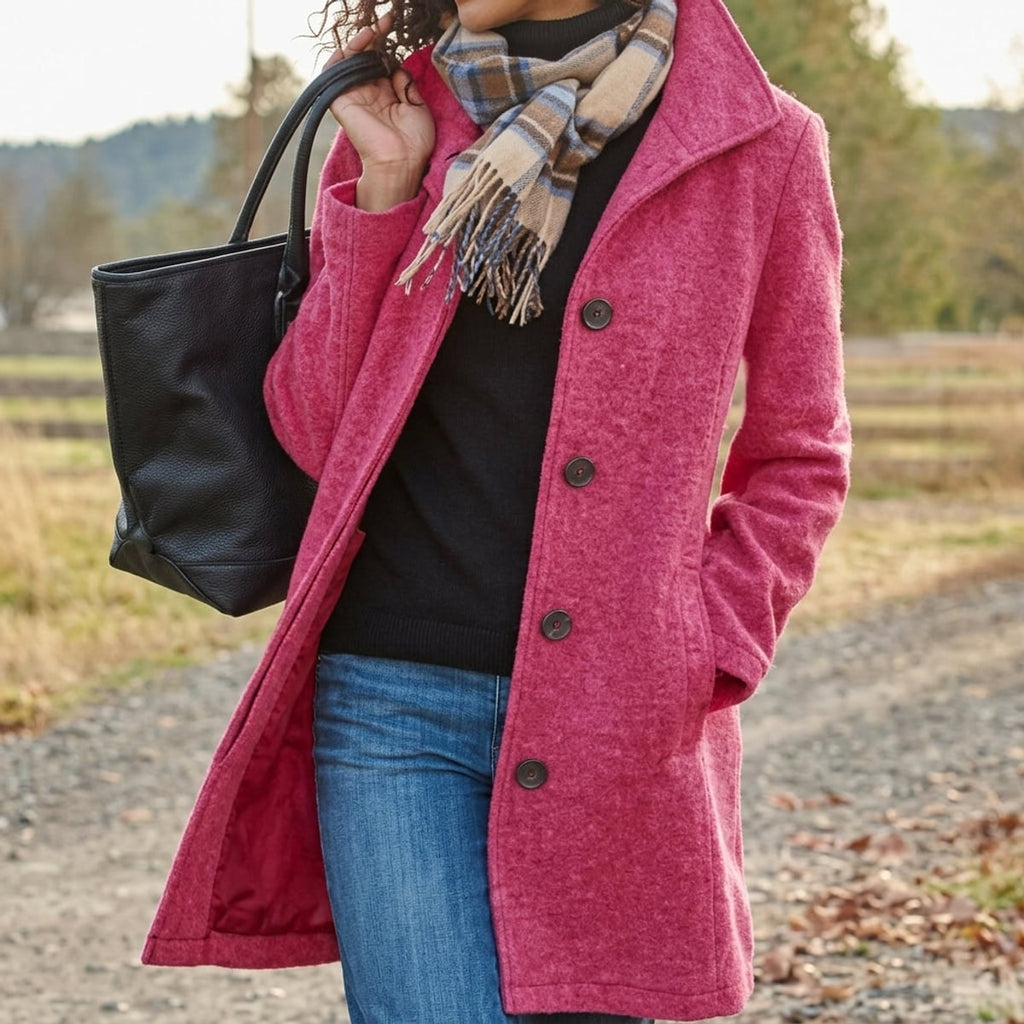 dames lange winterjas met knoopsluiting in roze