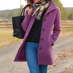 dames lange winterjas met knoopsluiting in paars