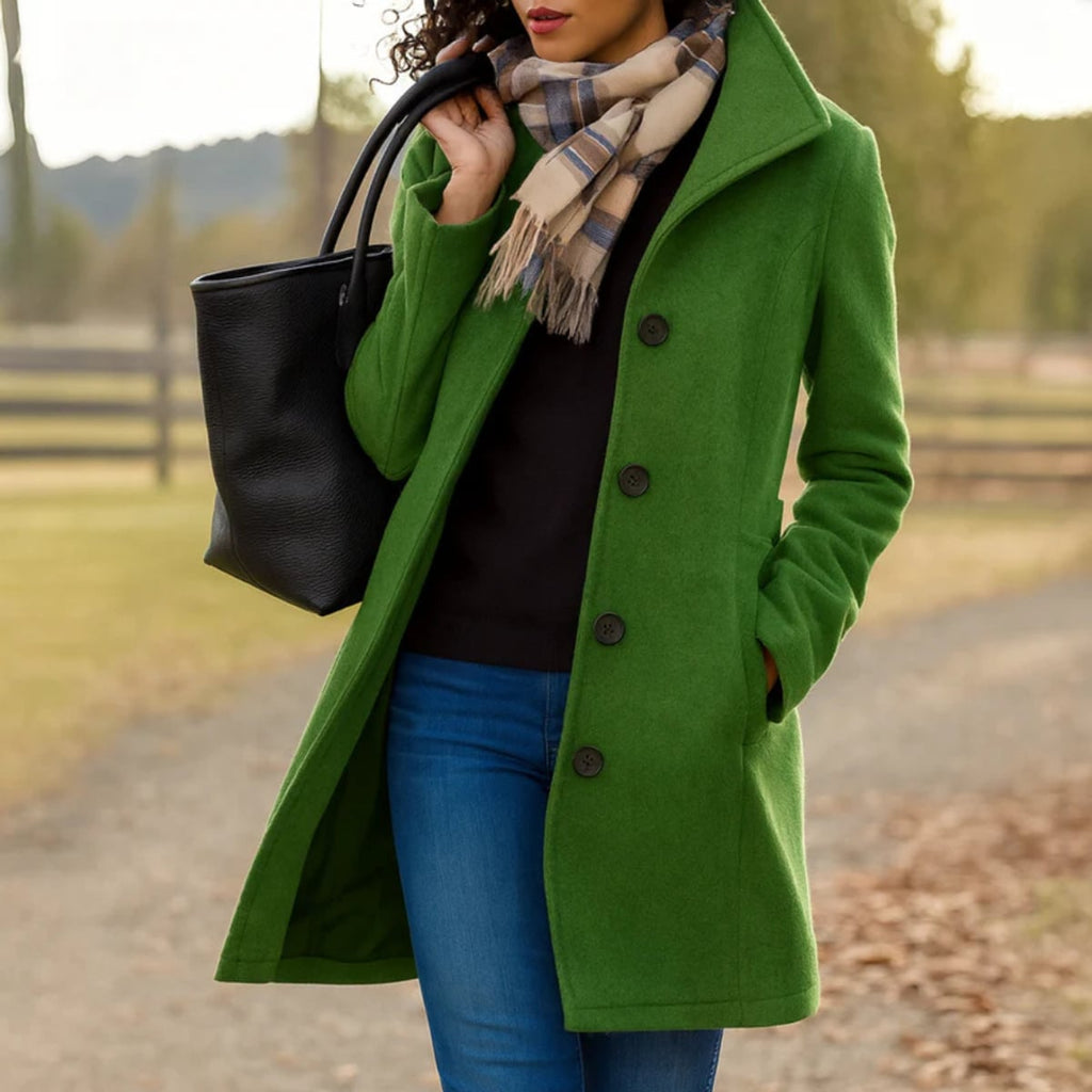 dames lange winterjas met knoopsluiting in mosgroen