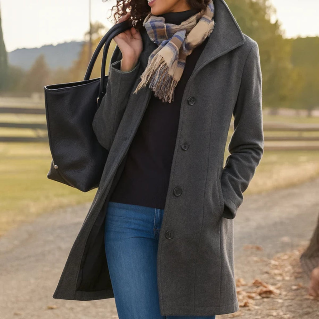 dames lange winterjas met knoopsluiting in grijs