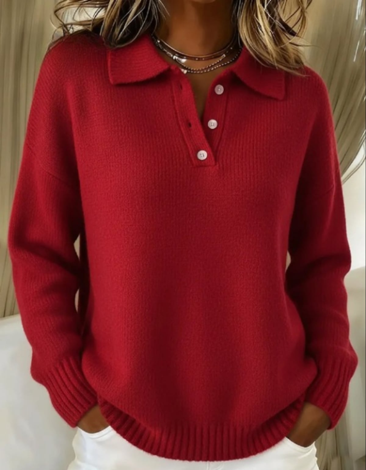 dames lichte trui met polokraag en knoopsluiting in rood