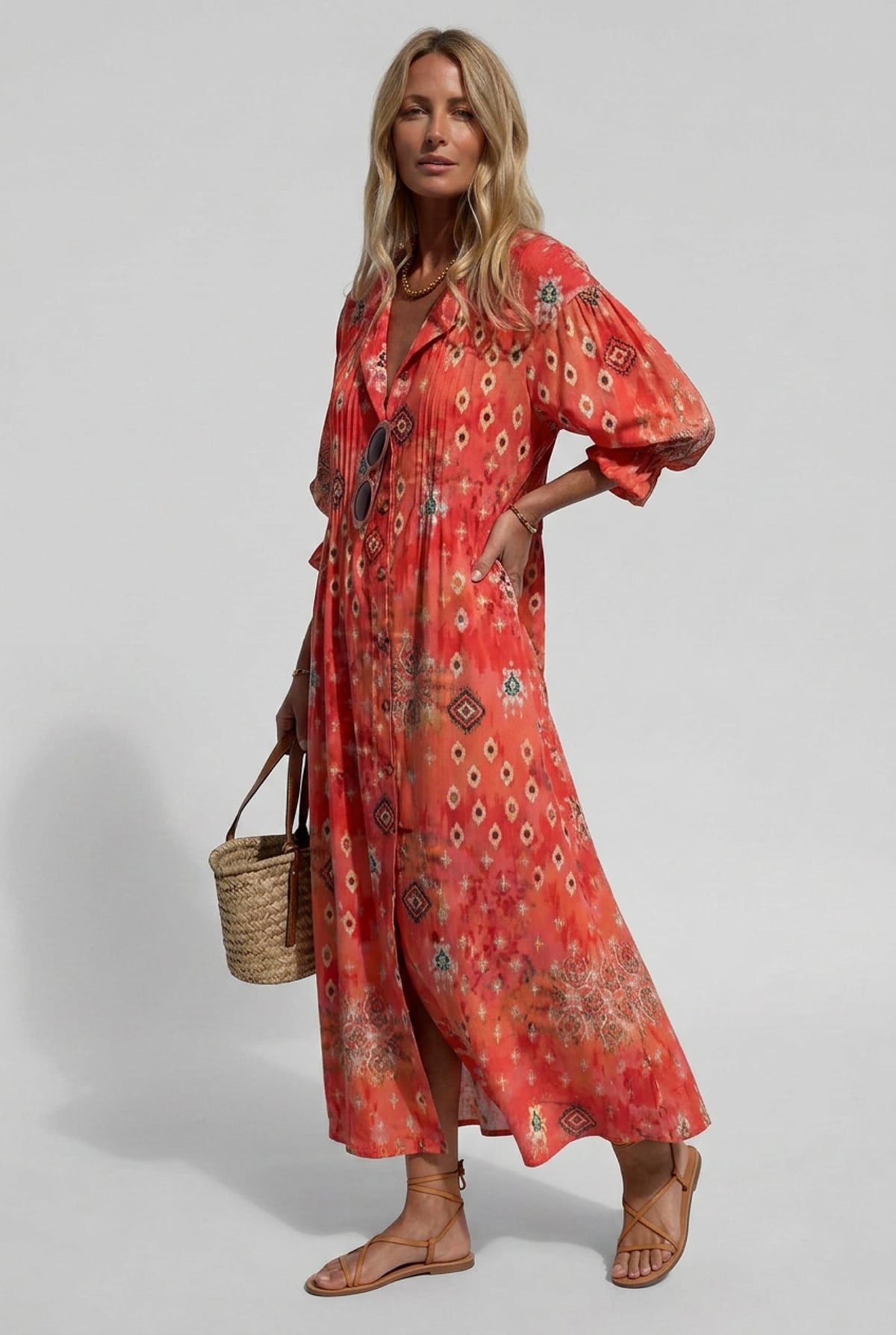 dames maxi jurk lange mouwen met bloemenprint in rood