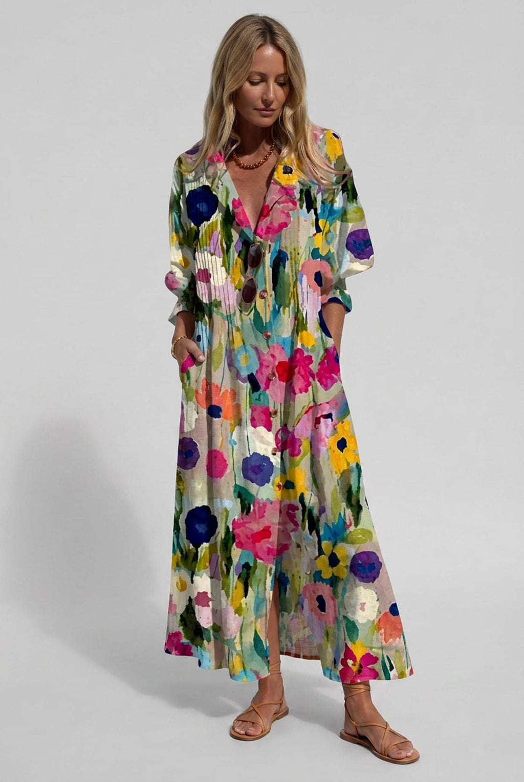 dames maxi jurk lange mouwen met bloemenprint in multicolour 1
