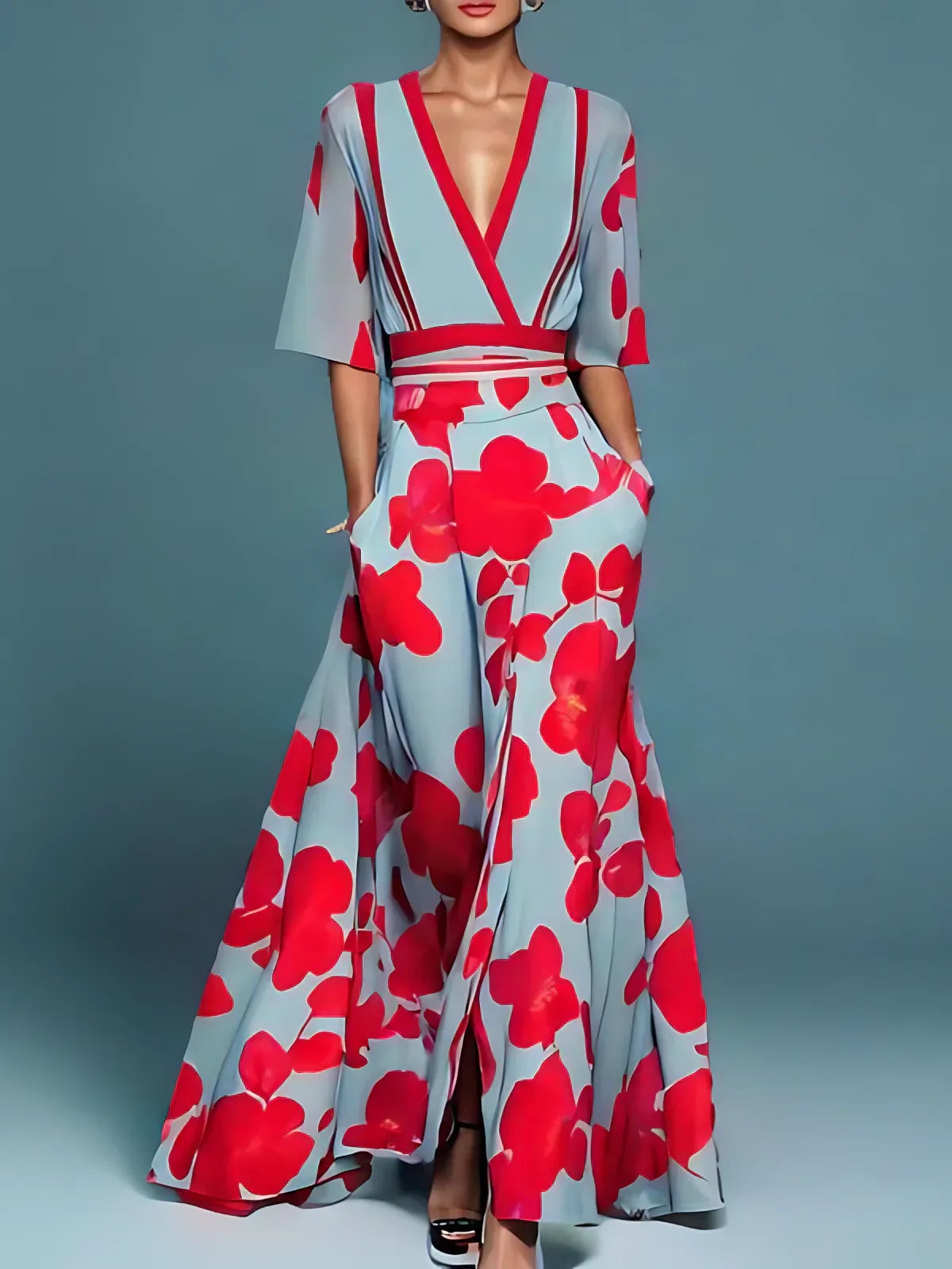 dames maxi jurk met bloemenprint en v-hals in rood