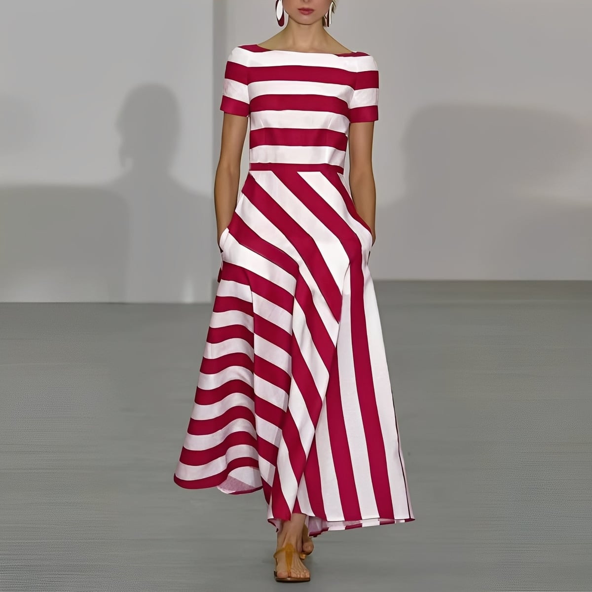 dames maxi jurk met boothals en korte mouwen in rood