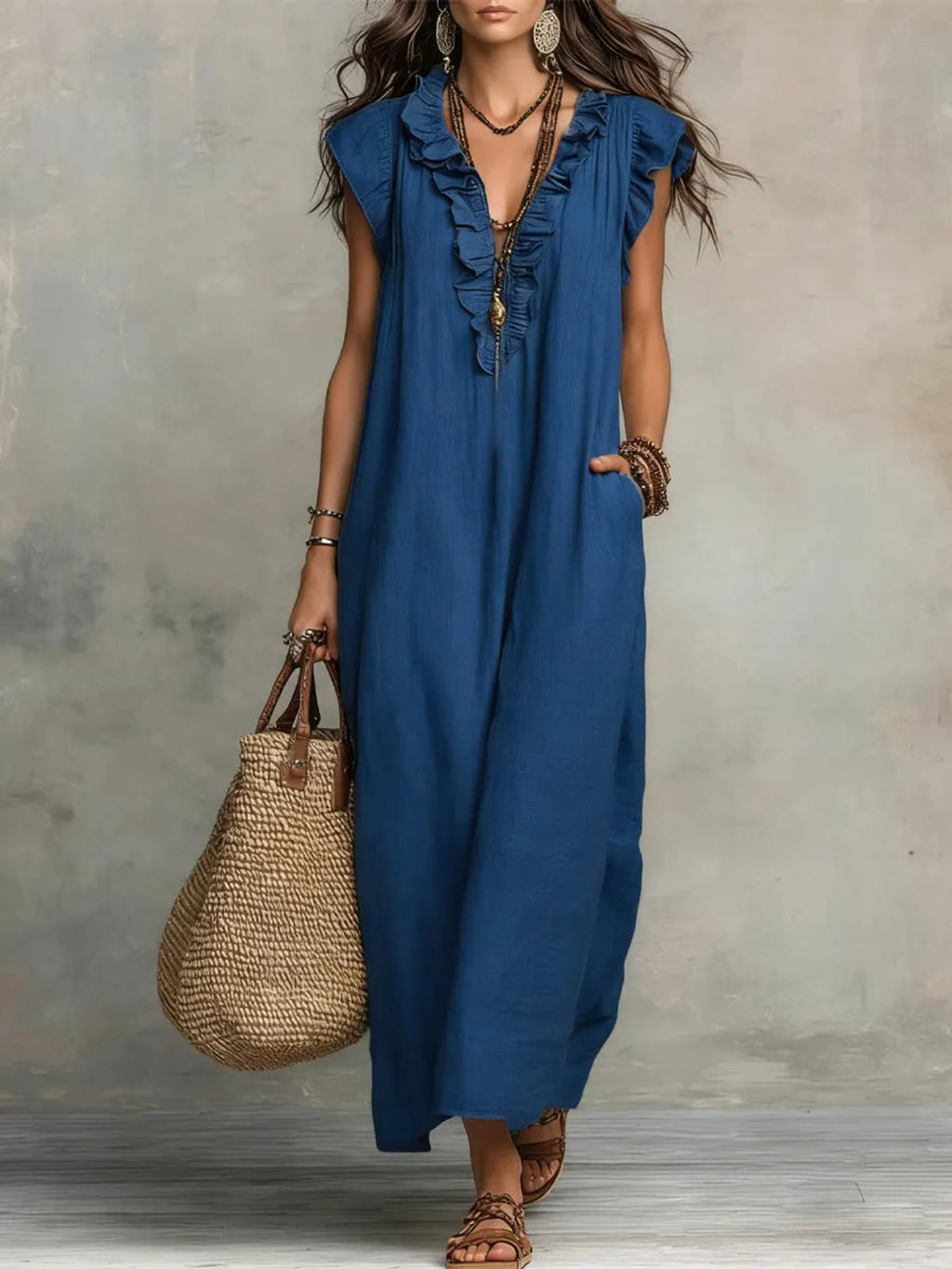 dames maxi jurk met ruches en v-hals in blauw