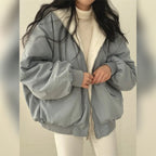 dames omkeerbare winterjas met brede kraag blauw