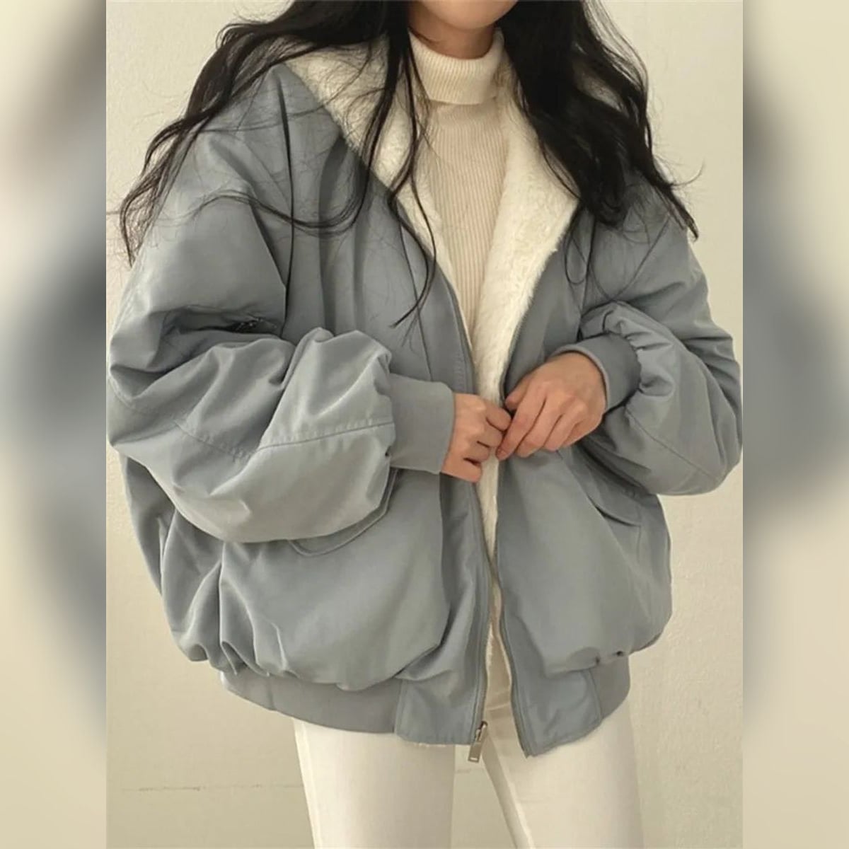 dames omkeerbare winterjas met brede kraag blauw
